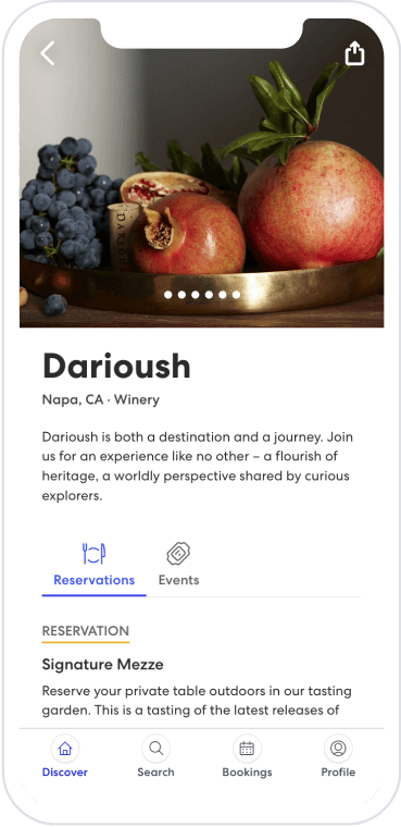 A mobile device screen showing the Darioush business page on the Tock platform.