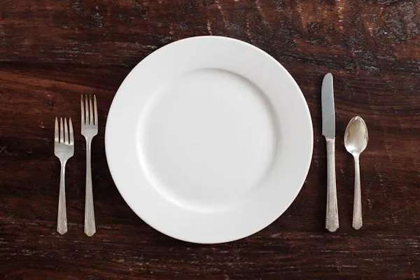dishware, fork, plate, cutlery, tableware, placemat