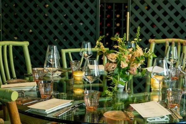 furniture, table, chair, tableware, dining room, tablecloth