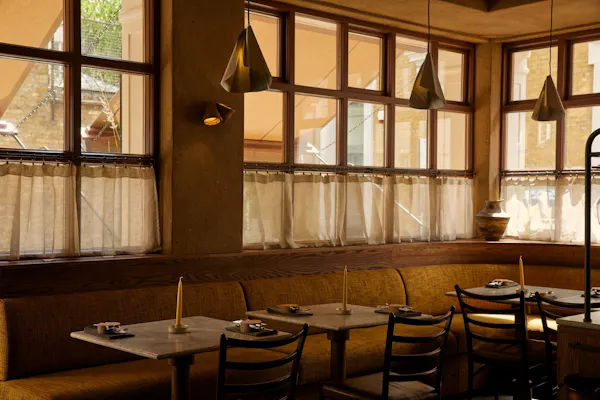 restaurant, light fixture, wood stain, ceiling, glass, chair