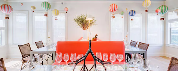 orange, red, room, table, furniture, dining room