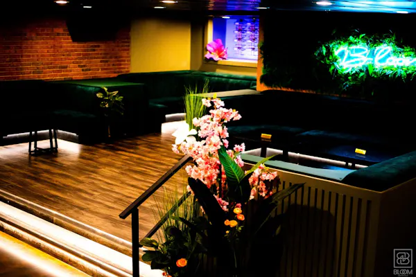 ceiling, stairs, daybed, neon, night, restaurant