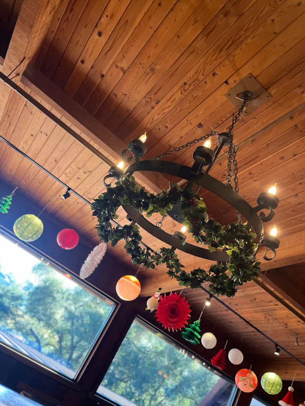 ceiling, light fixture, lighting, chandelier, natural material, restaurant