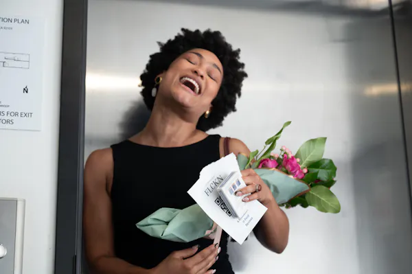 happiness, facial expression, jheri curl, afro, floristry, flower bouquet