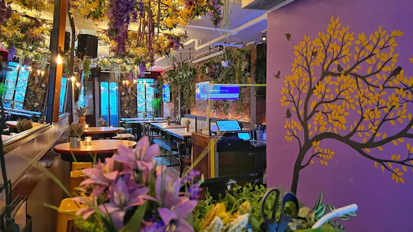 restaurant, night, light fixture, houseplant, floral design