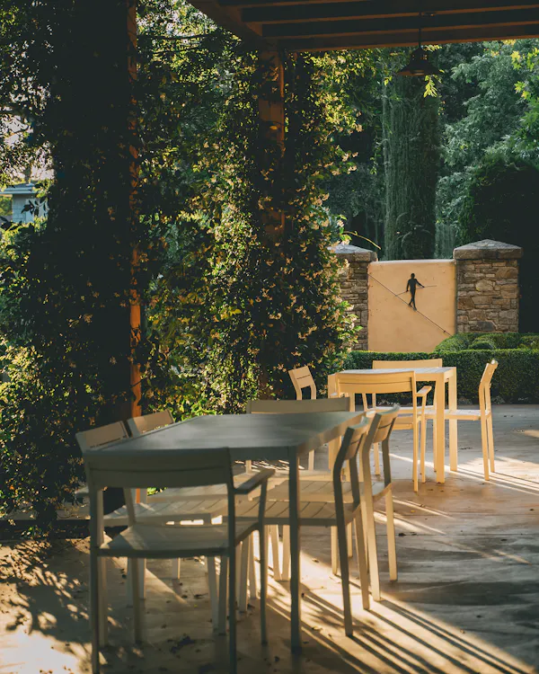 furniture, outdoor furniture, chair, shade, wood stain, outdoor table