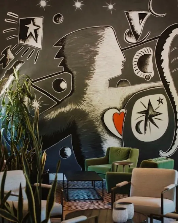 furniture, chair, living room, wallpaper, mural, paint