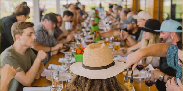 tableware, hat, shirt, customer, table, food