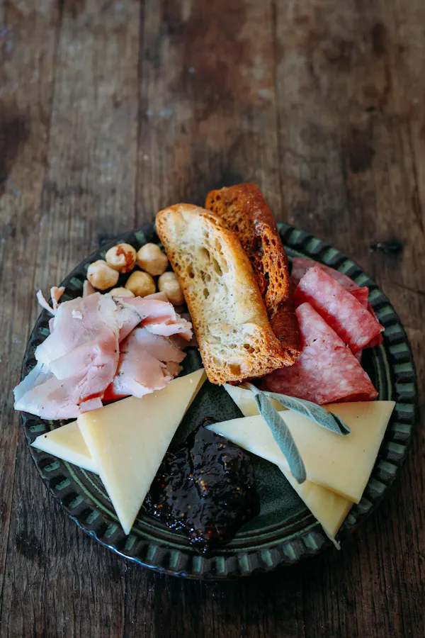 food, ingredient, tableware, cheese, meat, salumi
