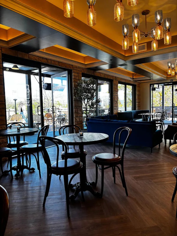 furniture, restaurant, chair, glass, ceiling, kitchen & dining room table