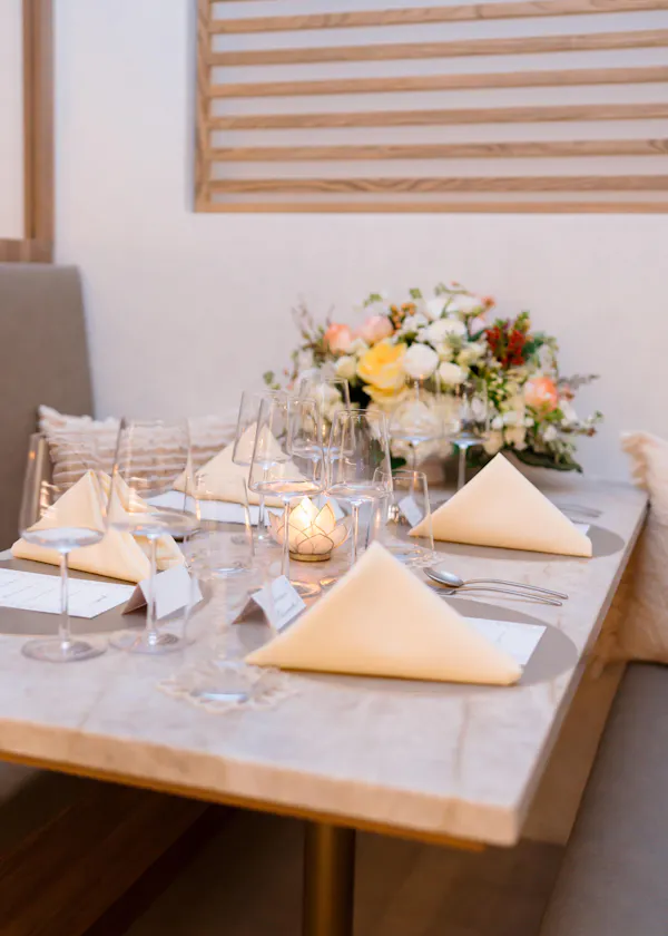 furniture, table, tableware, restaurant, chair, tablecloth