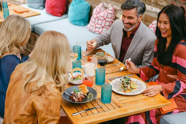 table, smile, food, tableware, human, sharing