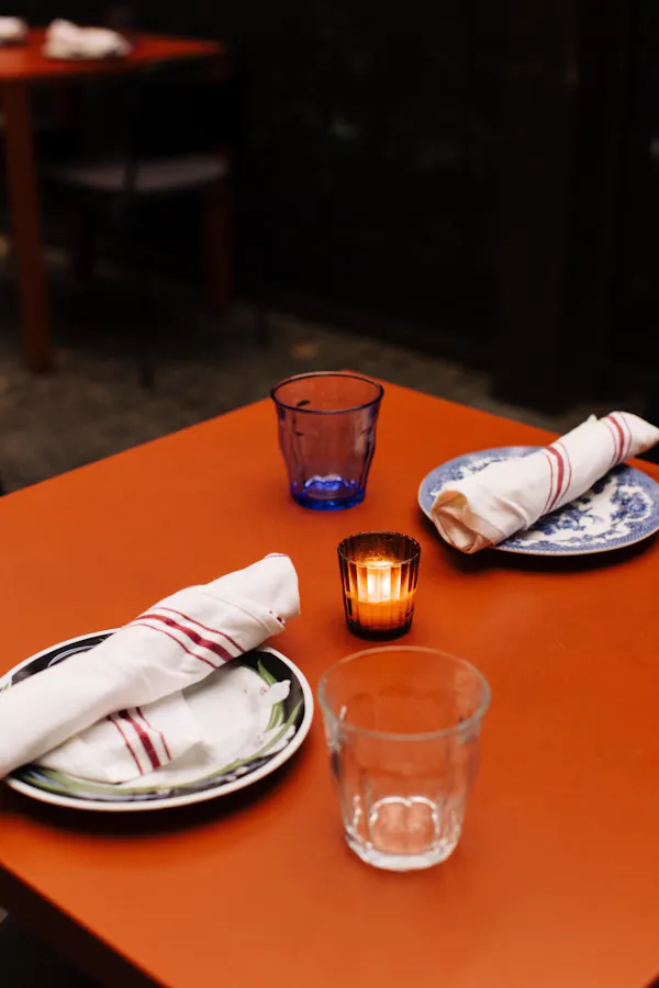 table, tableware, furniture, drinkware, orange, dishware