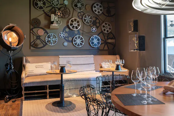 furniture, light fixture, chair, restaurant, ceiling, natural material
