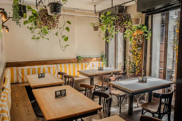 wood, furniture, table, flooring, restaurant, flowerpot