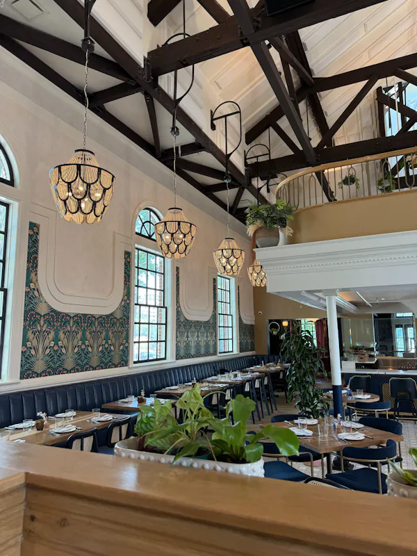 ceiling, restaurant, chandelier, light fixture, chair, kitchen & dining room table