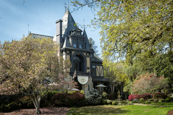 shrub, spring, estate, mansion, garden, turret
