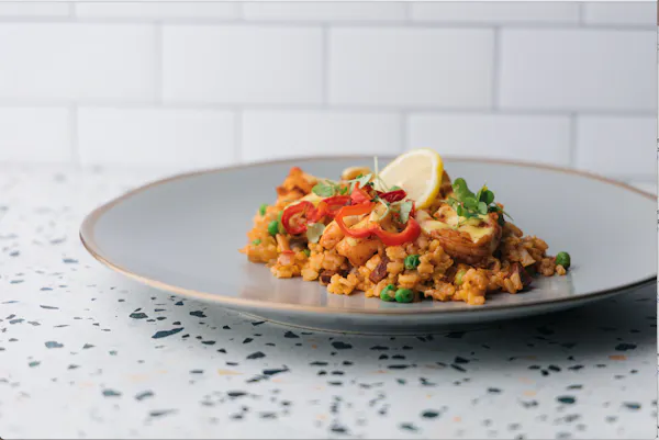 food, tableware, ingredient, rice, vegetable, lemon