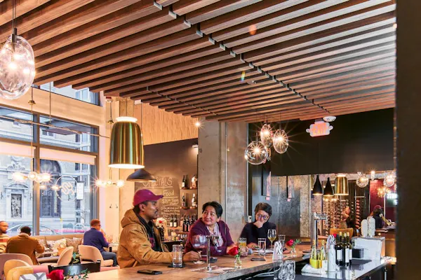 light fixture, restaurant, customer, bar, glass, chair