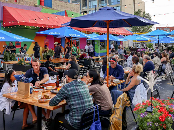 umbrella, jeans, public space, furniture, crowd, leisure