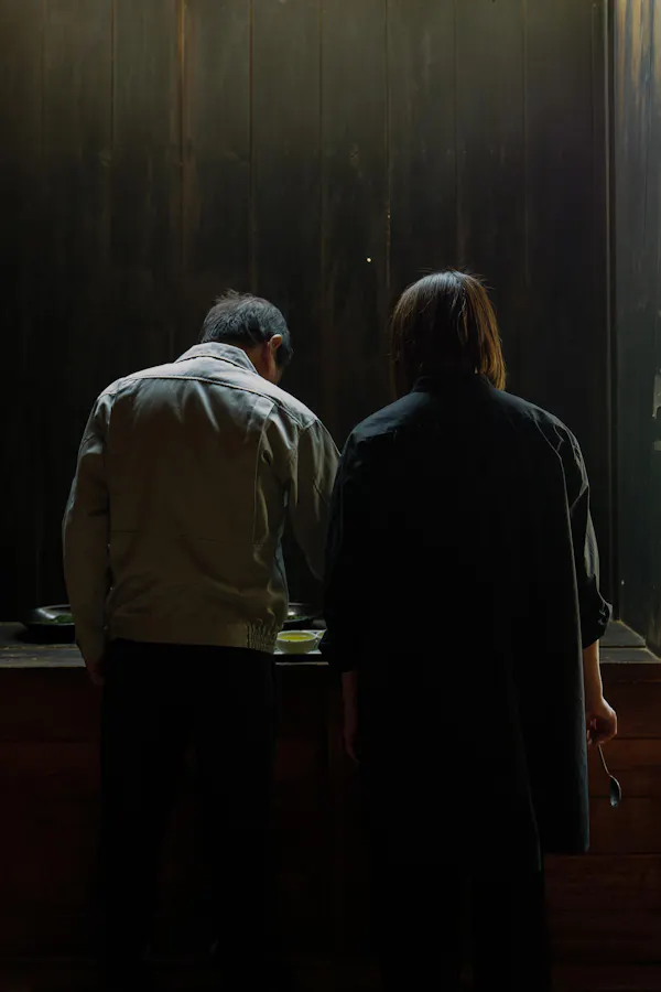 photograph, standing, darkness, human back, conversation