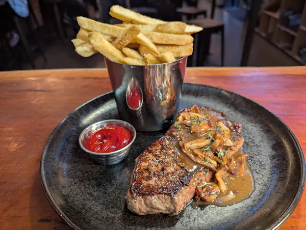 food, tableware, meat, steak, ingredient, fried food