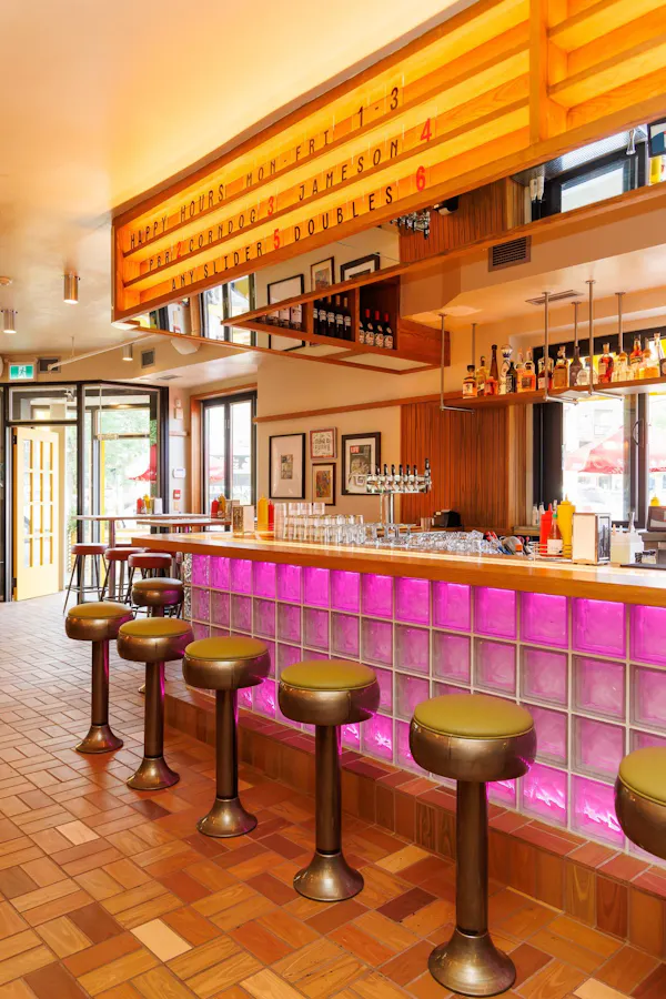 lighting, bar stool, restaurant, wood stain, bar, light fixture