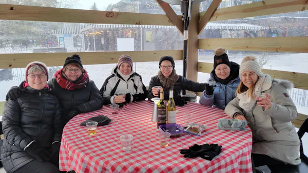 furniture, jacket, table, drinkware, winter, smile