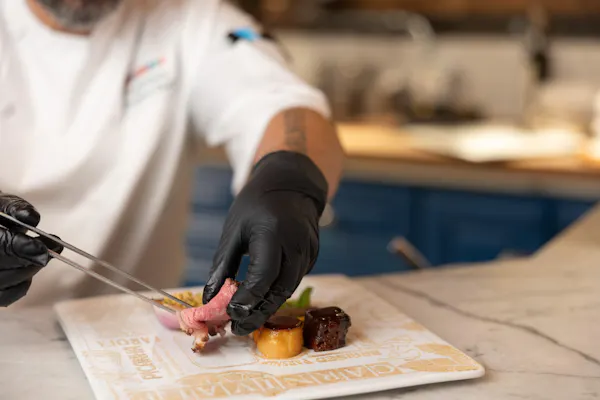 hand, table, wood, recipe, tableware, safety glove