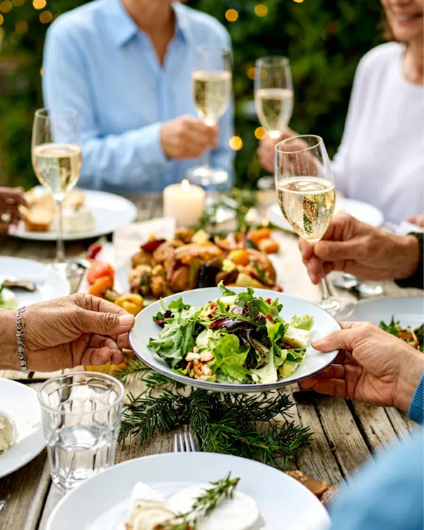 food, tableware, salad, table, drinkware, wine glass