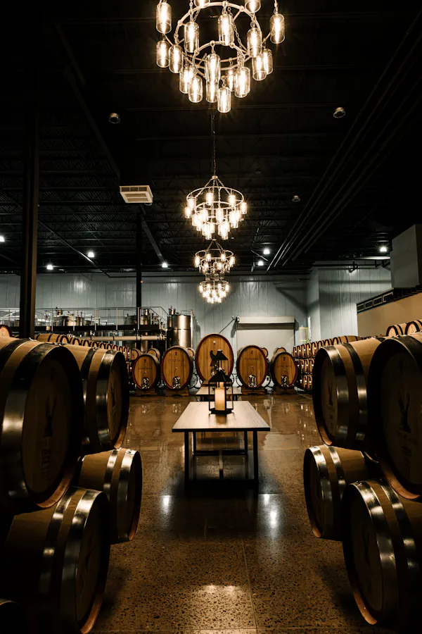 light fixture, ceiling, chandelier, winery, barrel, hall