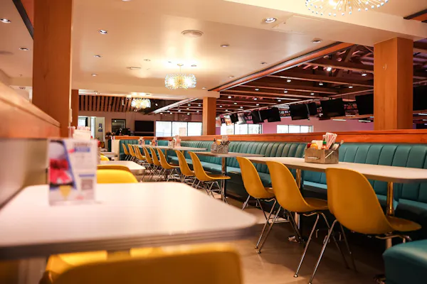 ceiling, restaurant, cafeteria, chair, varnish, logo