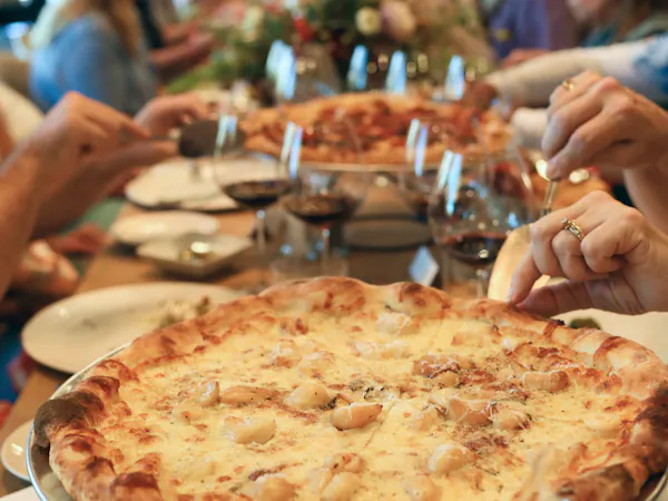 food, pizza, ingredient, tableware, table, pizza cheese