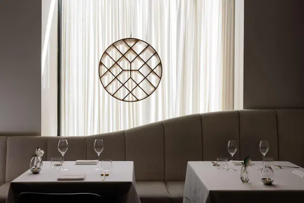 furniture, table, tablecloth, restaurant, light fixture, linens