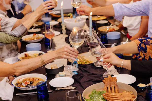 food, tableware, table, dishware, plate, wine glass