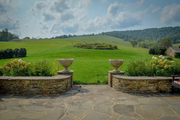 landscape, garden, flagstone, landscaping, stone wall, lawn