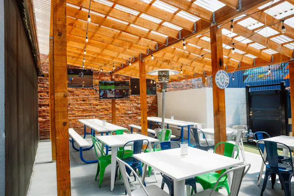 ceiling, restaurant, chair, wood stain, cafeteria
