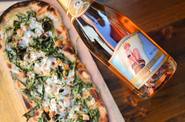 food, alcoholic drink, tableware, ingredient, bottle, pizza