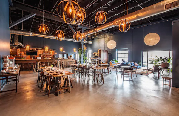 ceiling, restaurant, light fixture, chair, natural material, hall