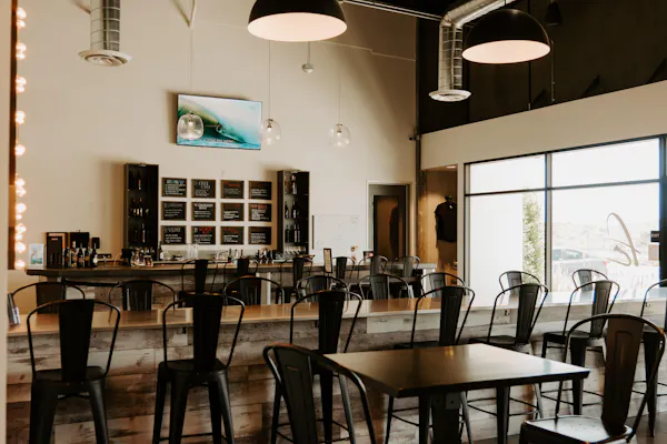 furniture, ceiling, light fixture, restaurant, chair, glass