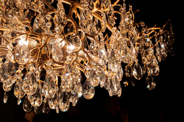 chandelier, light fixture, ceiling, crystal, natural material, silver