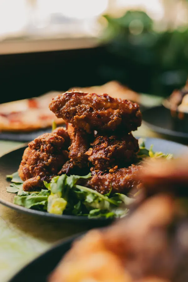 food, fried food, tableware, ingredient, meat, chicken