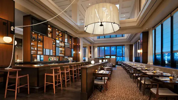 furniture, lighting, table, ceiling, restaurant, light fixture