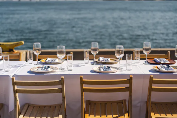 furniture, table, sea, restaurant, ocean, chair