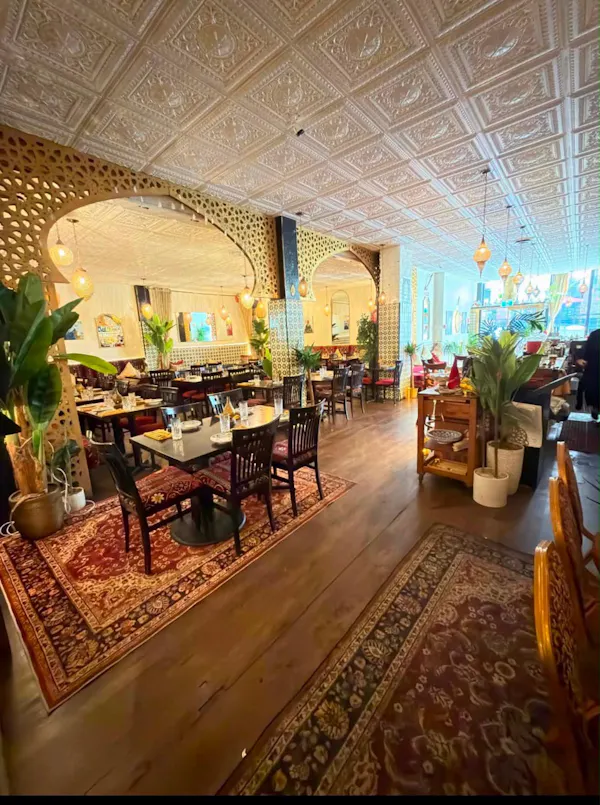 furniture, table, ceiling, chair, restaurant, flooring