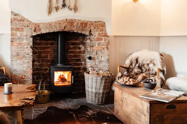 hearth, wood-burning stove, brick, fireplace, chimney, hardwood