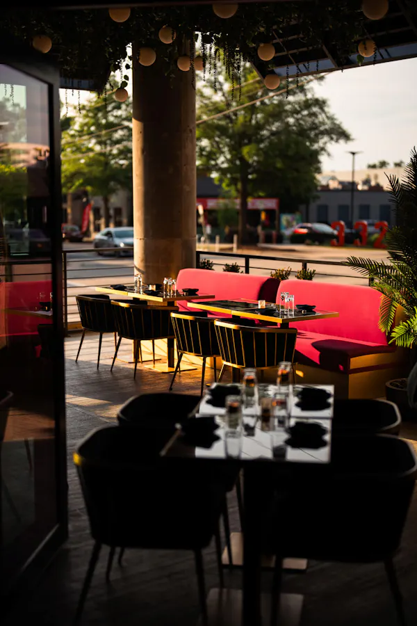 furniture, restaurant, chair, light fixture, kitchen & dining room table, barware