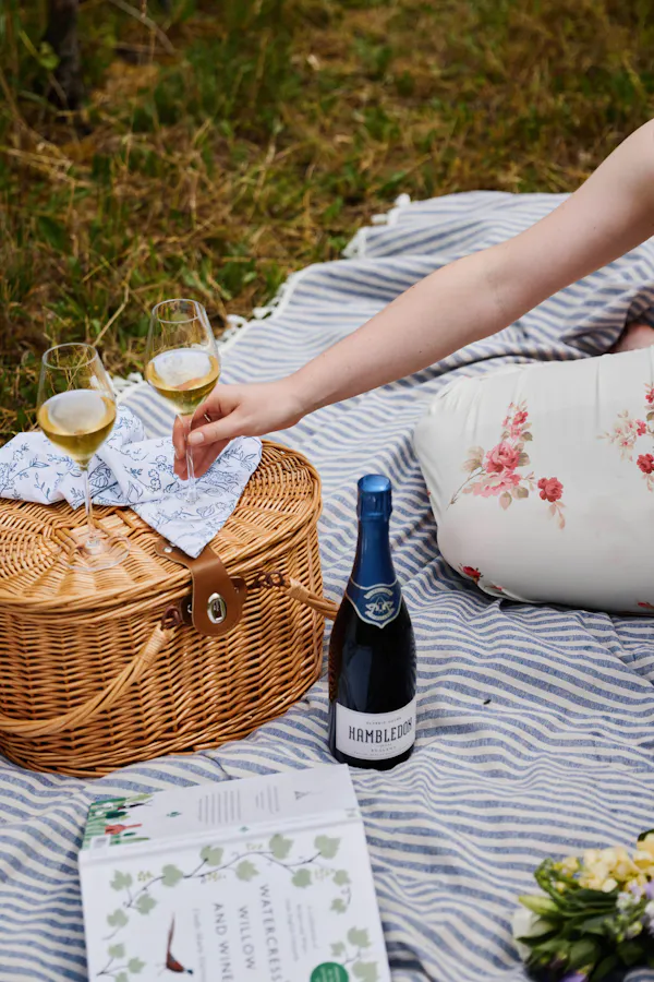basket, picnic, tableware, picnic basket, alcoholic drink, wicker