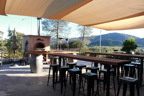 shade, wood stain, outdoor furniture, outdoor table, chair, restaurant