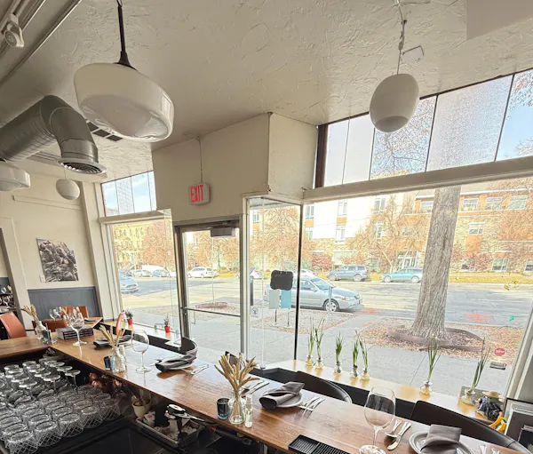 furniture, table, tableware, countertop, restaurant, ceiling